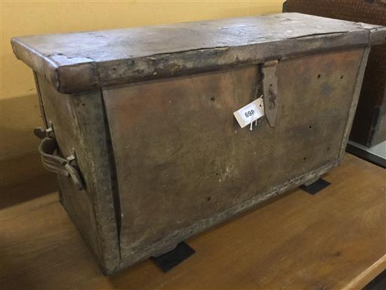 Leather-covered travelling chest with iron clasp & hinges (worn)